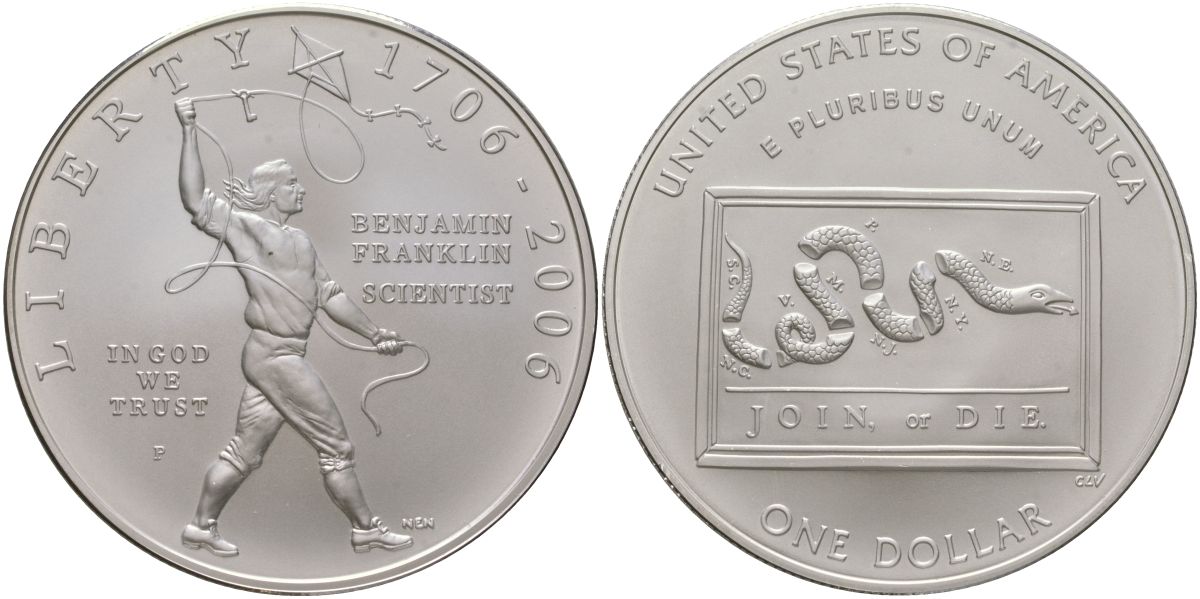 США 1 доллар 2006 P, 300 лет со дня рождения Бенджамина Франклина, змея KM 387 серебро BU 11-233-24
