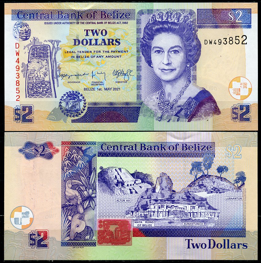 Белиз 2 доллара 2021 Елизавета II (1952-2022), руины майя  Pick 66 g  бумага  UNC (пресс) 446-10-2
