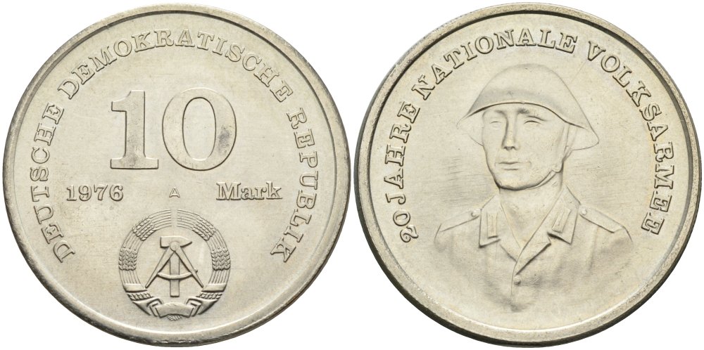 ГДР 10 марок 1976 А, 20 лет национальной народной армии KM 61, J. 1560 медь никель цинк UNC 4574-731