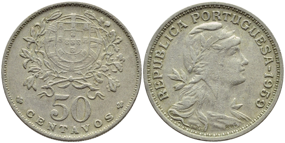 Португалия 50 сентаво 1959 KM 577 медно-никель 4395-835