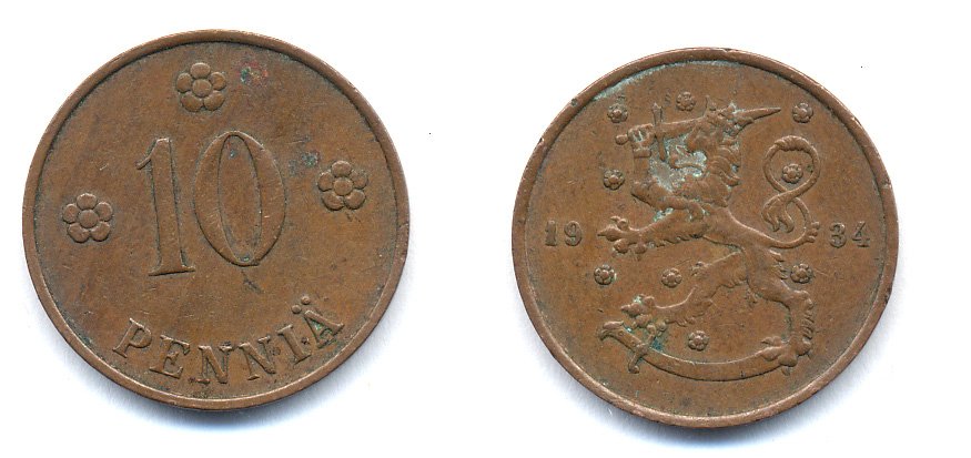 Финляндия 10 пенни 1934 республика (1918-1962) KM 24 медь 51-5423