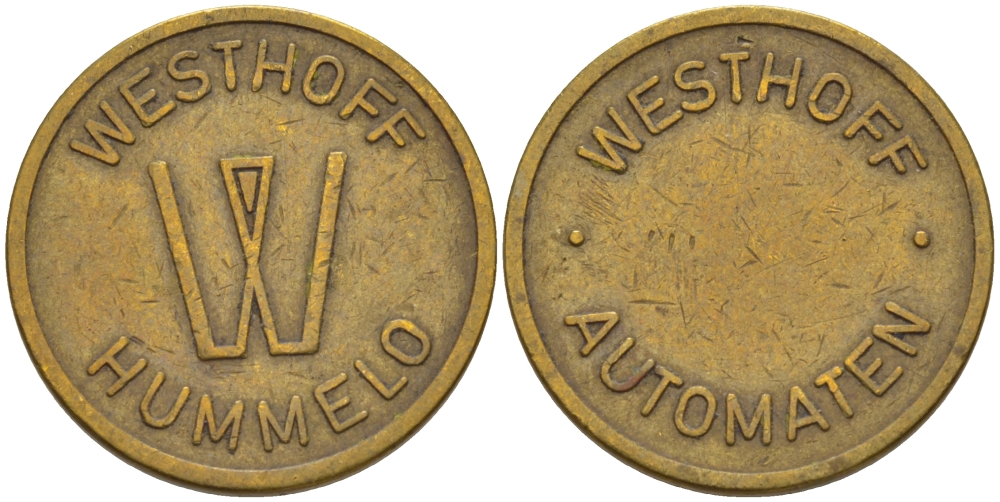 НИДЕРЛАНДЫ ЖЕТОН ND ДЛЯ ТОРГОВЫХ АВТОМАТОВ, WESTHOFF AUTOMATEN, HUMMELO, ДИАМЕТР 20 ММ. желтый металл 28-751