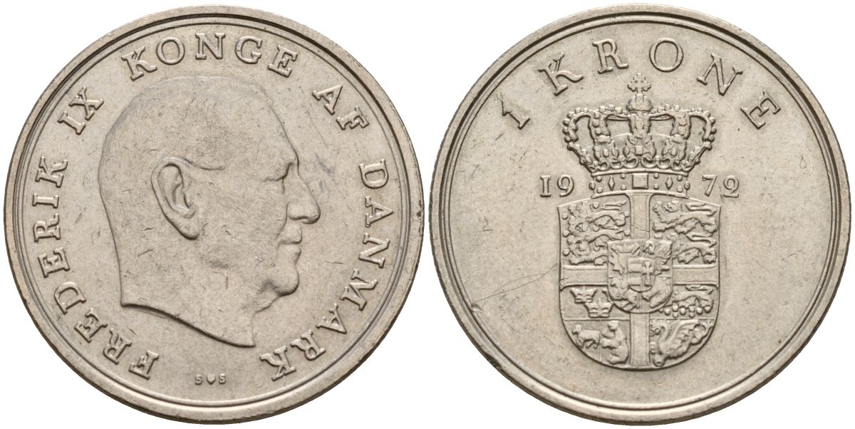 Дания 1 крона 1972 C;S, Фредерик IX (1947-1972) KM 852 медно-никель 4150-923