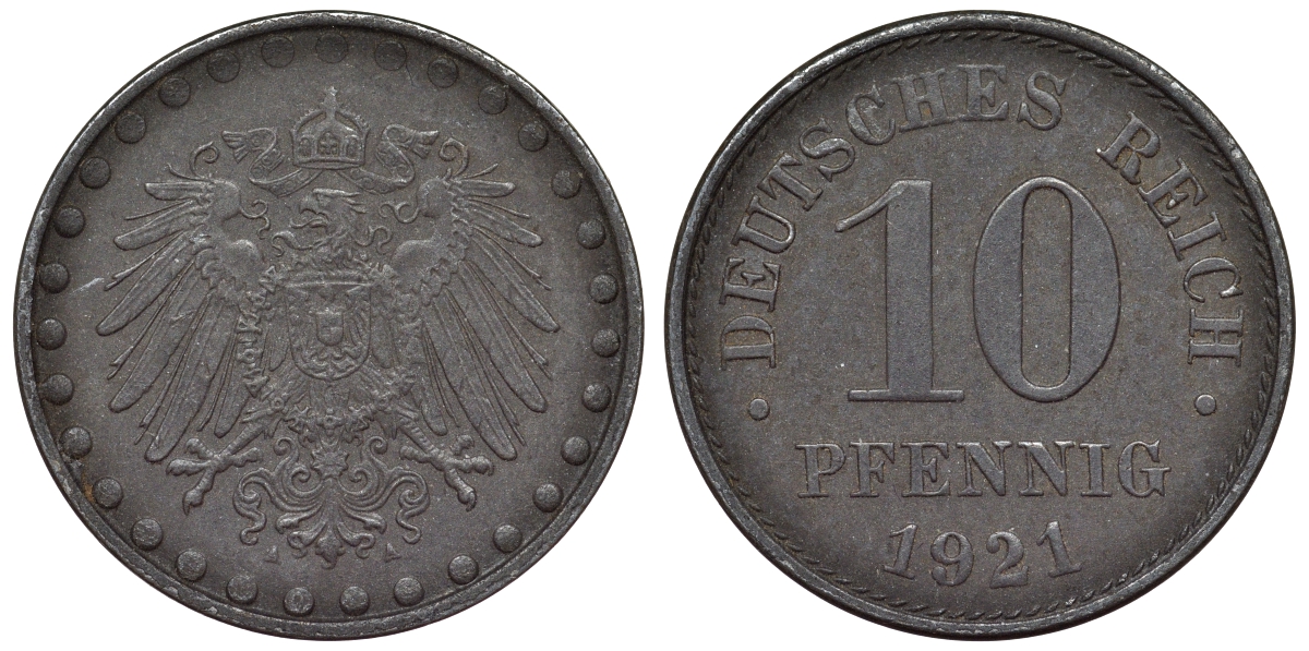 Германия 10 пфеннигов 1921 A KM 20, J. 298 железо 4119-252