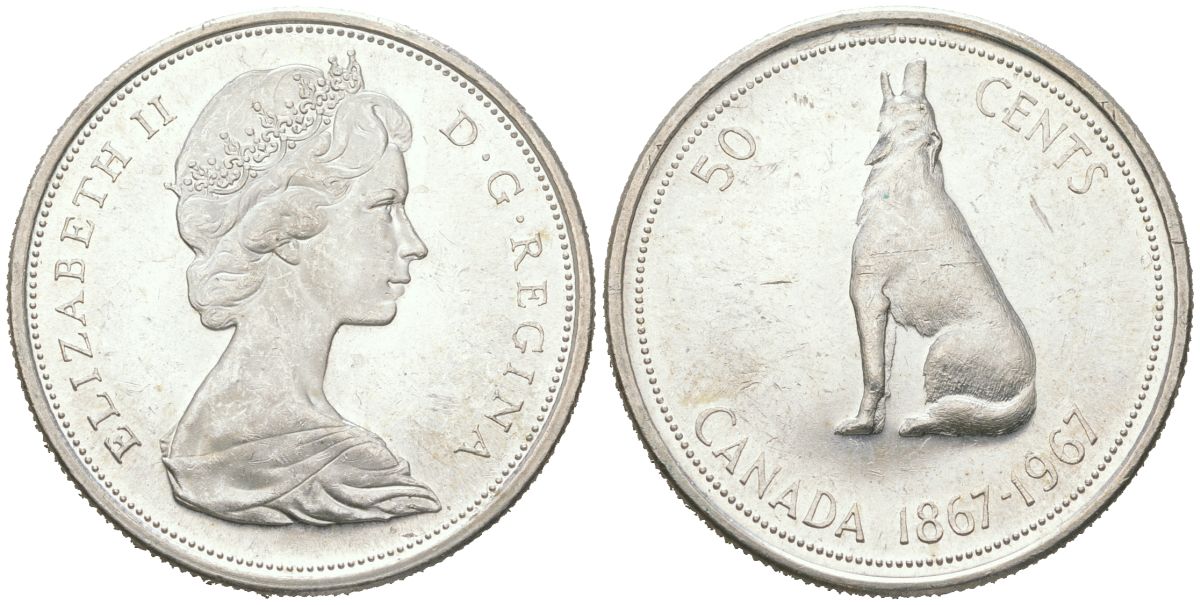 Канада 50 центов 1967 100 лет Конфедерации Канада, Елизавета II (1952-2022) KM 69 серебро 190-741