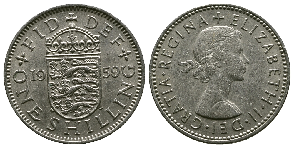 Великобритания 1 шиллинг 1959 Елизавета II (1952-2022), Английский герб KM 904, Spink 4147 медно-никель 4384-411