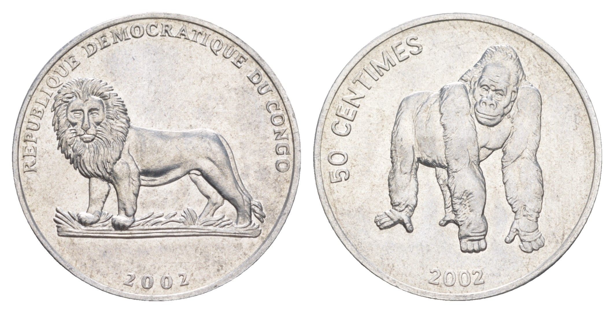 ДР Конго 50 сантимов 2002 Животные - Горилла KM 79 алюминий UNC 4631-1215