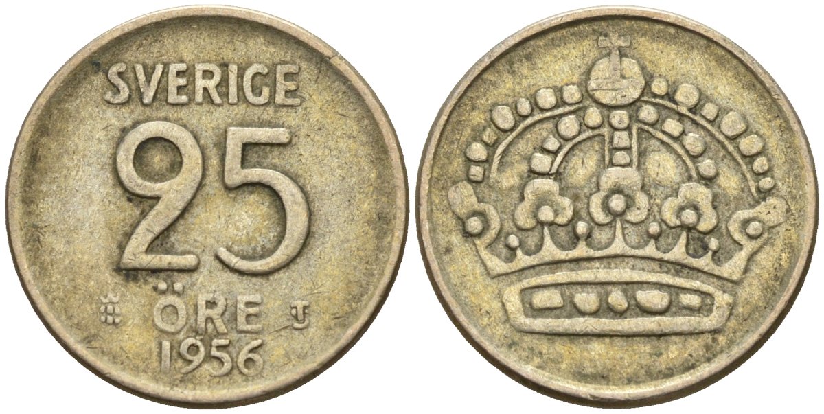 Швеция 25 эре 1956 TS, Густав VI Адольф (1950-1973) KM 824 серебро 4147-1045