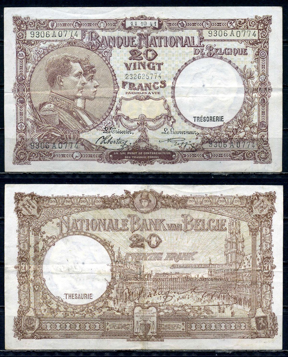 Бельгия 20 франков 1941 11.10.1941, Король Альберт I и его жена Королева Елизавета, Гран-Плас / Гроте Маркт, Брюссель Pick 111 (2) бумага 6301-27-1-2