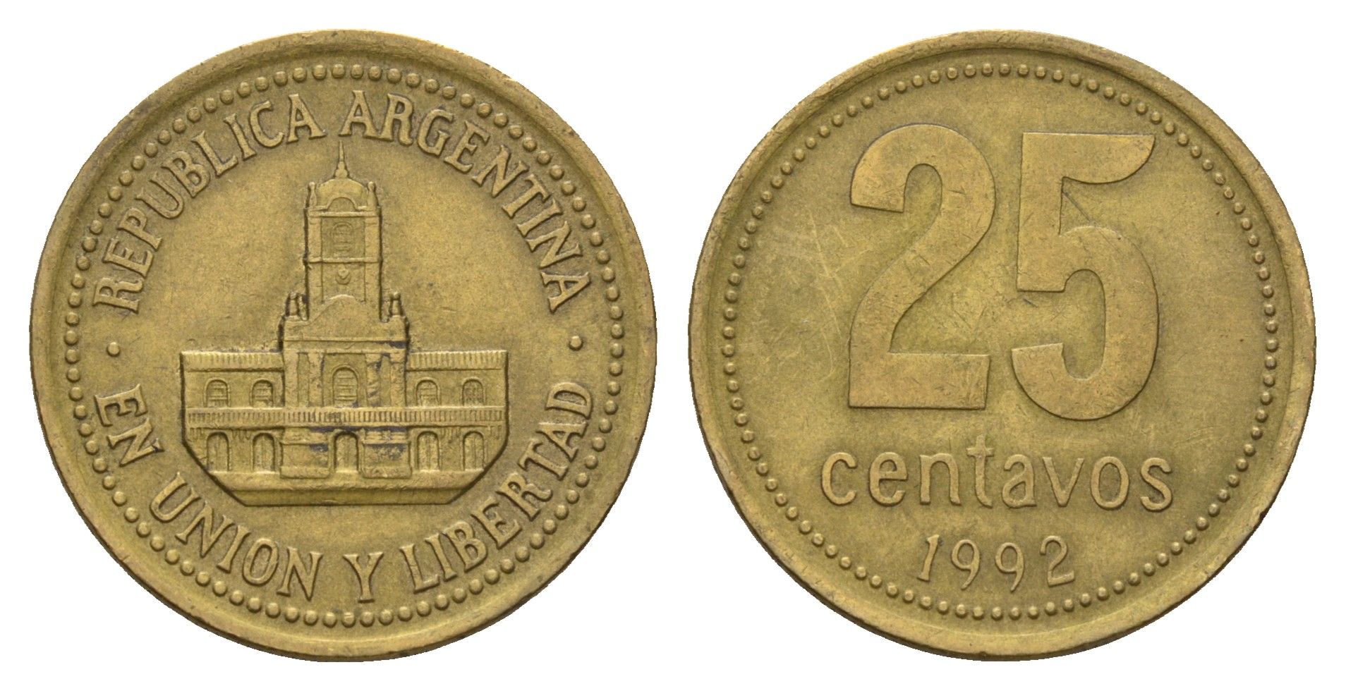 Аргентина 25 сентаво 1992 ратуша Буэнос-Айреса KM 110.1 алюминиевая бронза 4575-437