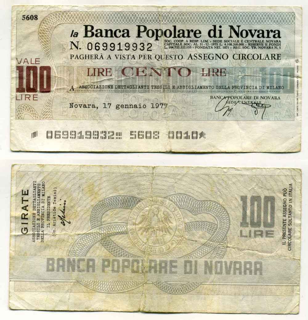 Италия 100 лир 1977 Banca popoLare Di Novara, ассоциация розничной текстильной и швейной торговли провинции Milano, 17 января 1977 Novara бумага 8588-17-1-1
