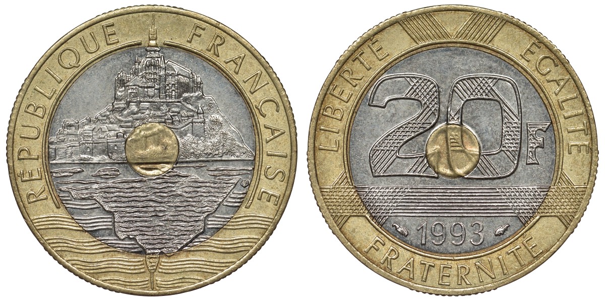 Франция 20 франков 1993 Мон-Сен-Мишель KM 1008.2, Le Franc 403.7 триметалл 4123-715