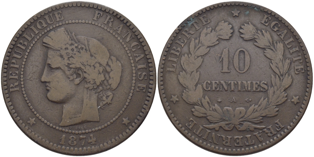 ФРАНЦИЯ 10 САНТИМОВ 1874 А, ТРЕТЬЯ РЕСПУБЛИКА (1871-1940) KM 815.1, LA FRANC 135.12 бронза 97-1035