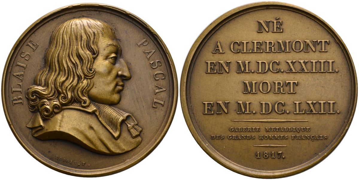 Франция медаль 1817 серия "Великие французы", Блез Паскаль, медальер Клод Дюбуи, диаметр 41 мм., поздний чекан бронза 00-00