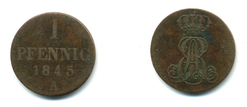 Ганновер 1 пфенниг 1845 A, Эрнст Август (1837-1851) KM 173.1, AKS 126, J. 54 медь 35-735