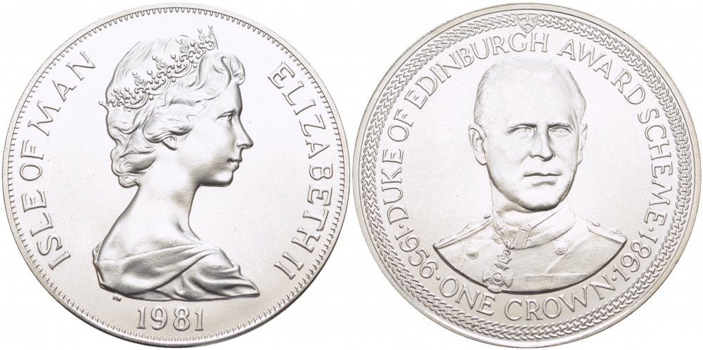 Остров Мэн 1 крона 1981 приз герцога Эдинбургского, портрет герцога КМ 73a серебро UNC 1081-7-12