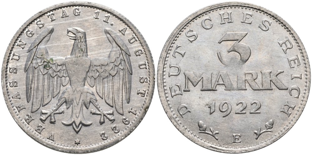 Германия 3 марки 1922 Е, третья годовщина Веймарской Конституции KM 29, J.303 алюминий UNC 4574-812