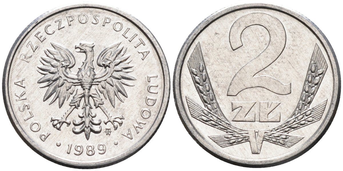 Польша 2 злотых 1989 MW, Народная Республика KM 80.3, Parchimowicz 219a алюминий UNC 4580-767