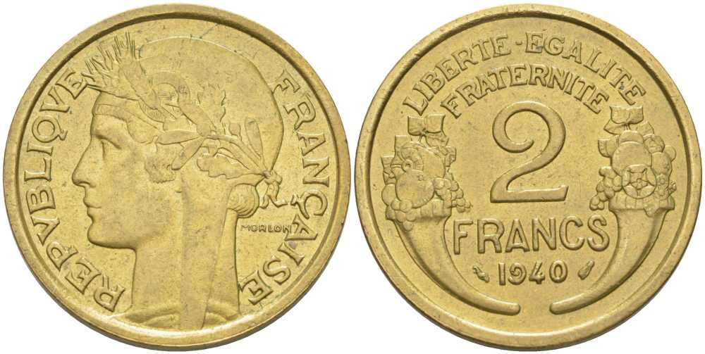 ФРАНЦИЯ 2 ФРАНКА 1940 ТИП MORLON KM 886, LE FRANC 268.13 алюминиевая бронза 180-525
