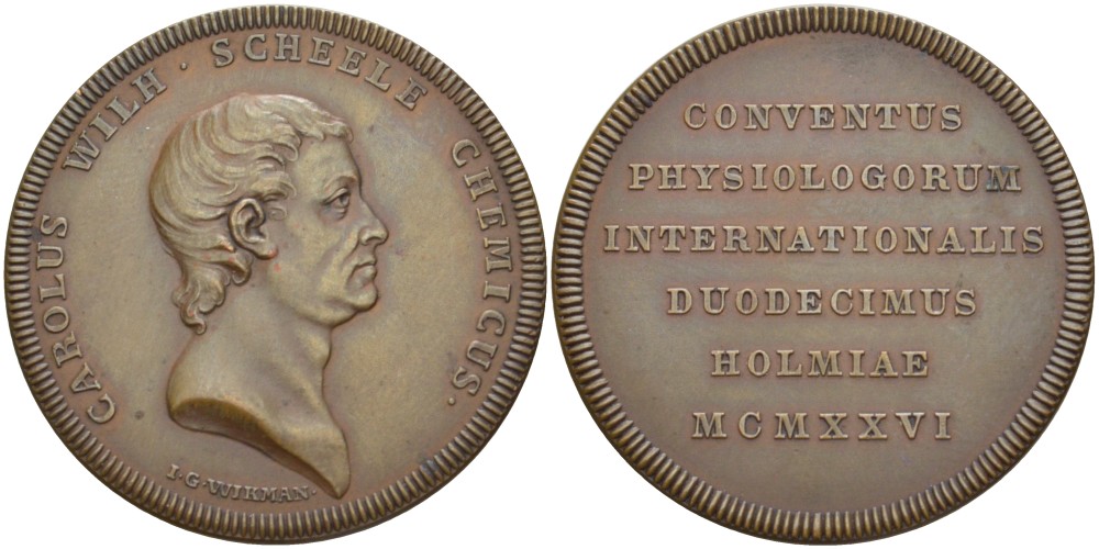 ШВЕЦИЯ МЕДАЛЬ 1926 12 МЕЖДУНАРОДНЫЙ КОНГРЕСС В СТОКГОЛЬМЕ 1926 ГОДА, КАРЛ ВИЛЬГЕЛЬМ ШЕЕЛЕ (1742-1786) ШВЕДСКИЙ ХИМИК-ФАРМАЦЕВТ, ДИАМЕТР 36,5 ММ. бронза 1087-4-12