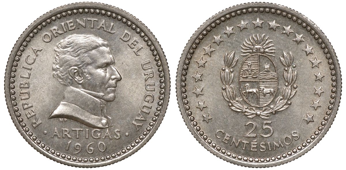 Уругвай 25 сентесимо 1960 KM 40 медно-никель 4169-839