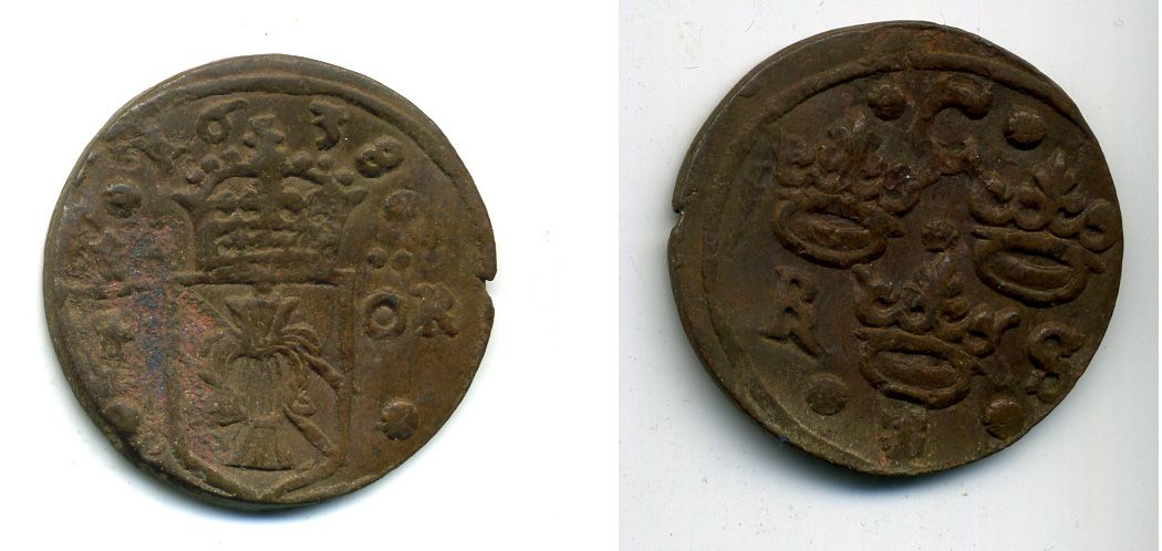 Швеция 1/4 эре 1638 Кристина (1632-1654), была в обращении на территории России медь 53-1232