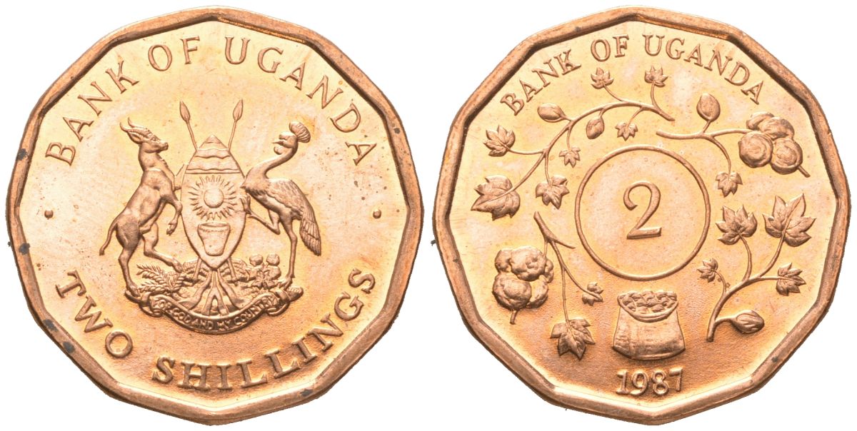 Уганда 2 шиллинга 1987 KM 28 сталь плакированная медью aUNC 4364-3551