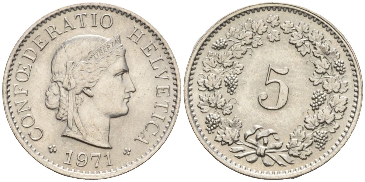Швейцария 5 раппенов 1971 KM 26 медно-никель 4608-462
