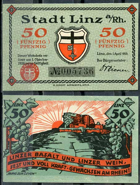 Германия, Линц-на-Рейне 50 пфеннигов 1923 нотгельд, 1.10.1923 Tieste 4140/60 бумага UNC (пресс) 8614-41-4-2