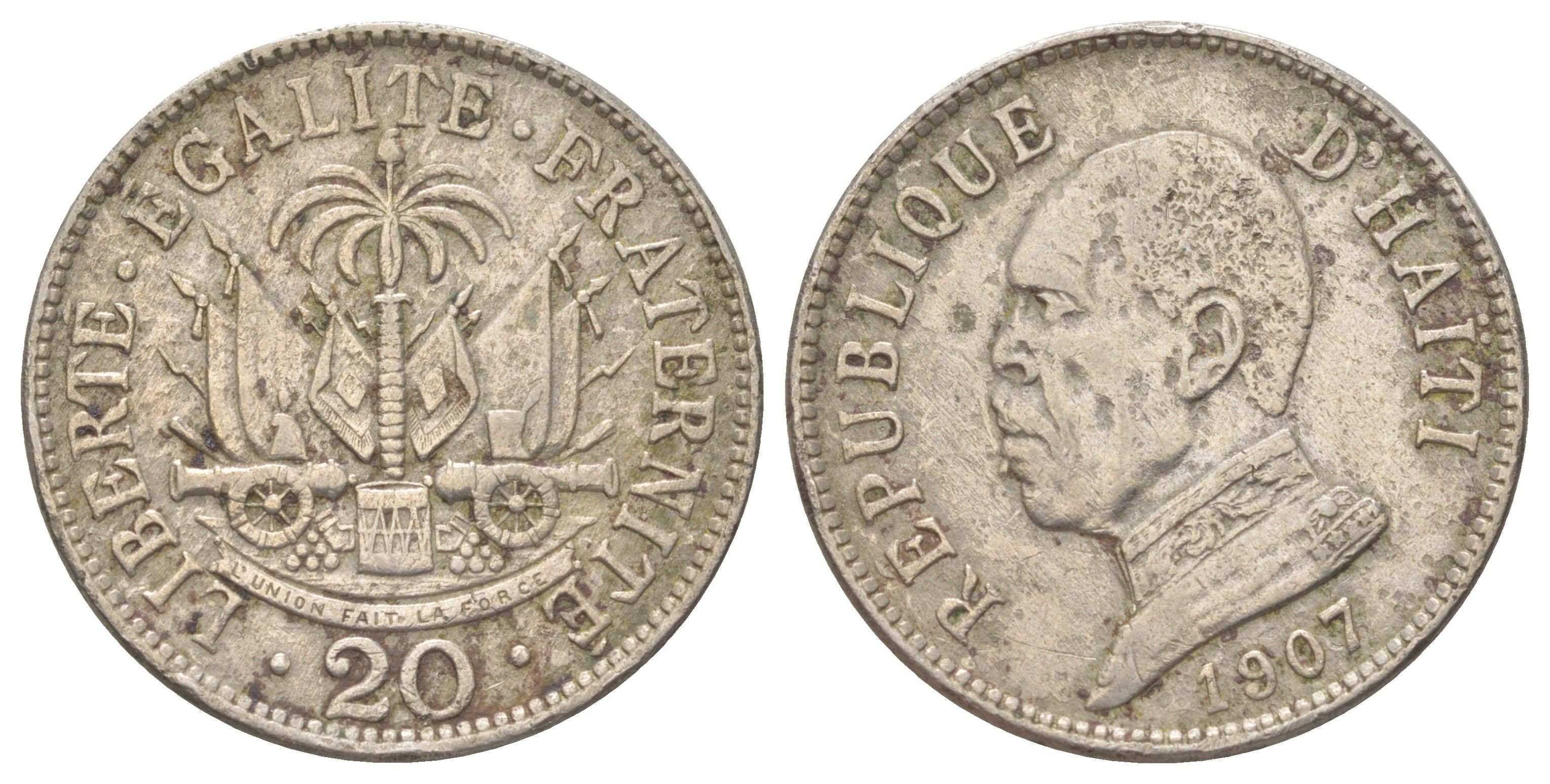 Гаити 20 сантимов 1907 Президент Пьер Нор Алексис KM 55 медно-никель 4622-1153