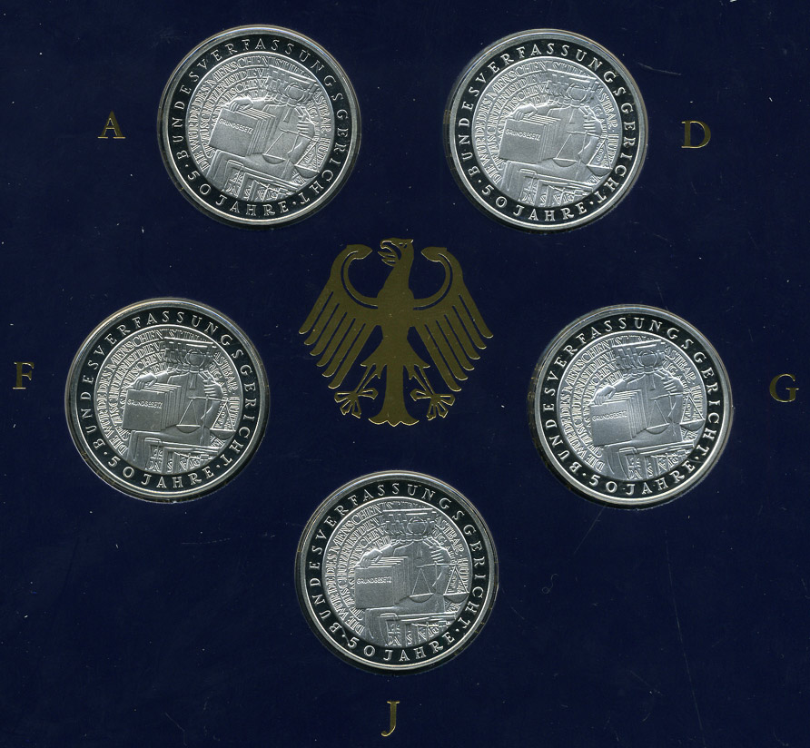 ФРГ набор из 5 штук по 10 марок 2001 A, D, F, G, J, 50 лет Федерального Конституционного суда Германии KM 206 серебро PROOF 6-5-2-9
