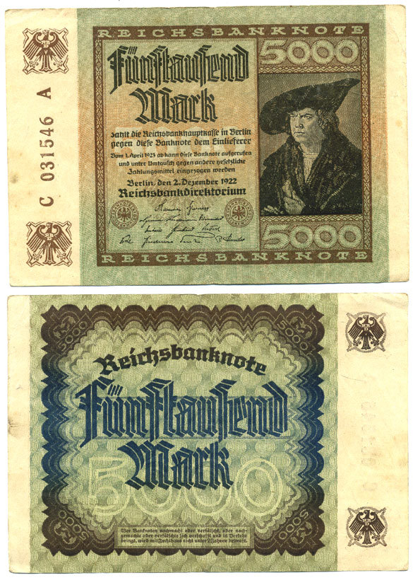 ГЕРМАНИЯ 5000 МАРОК 1922 2 ДЕКАБРЯ 1922, ВОДЯНОЙ ЗНАК Е, В ЗВЁЗДАХ G/D, ДЮРЕР Pick 81а бумага 7547-80-1
