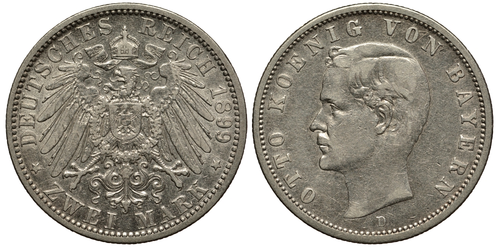 Бавария 2 марки 1899 D, Отто (1886-1913) Weege 44, J. 45, KM 511 серебро 413-5814