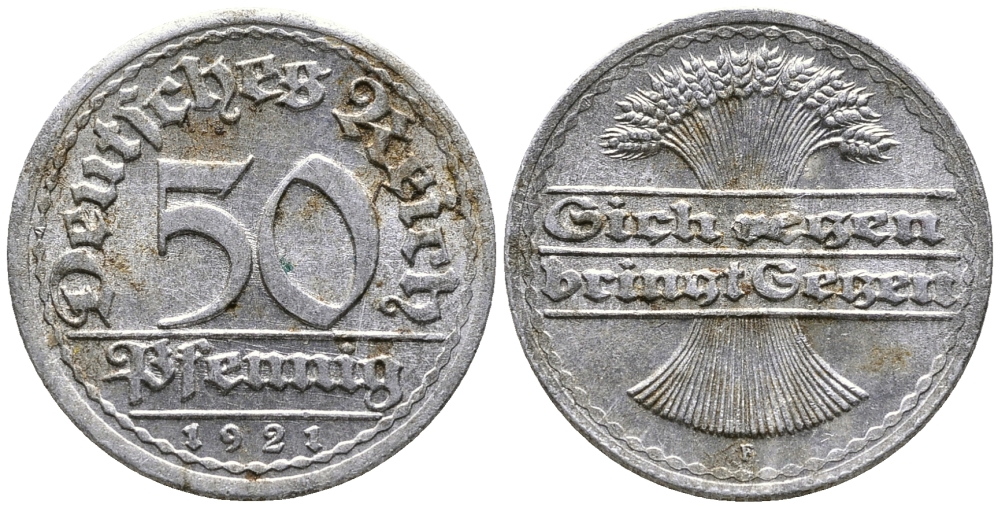 ГЕРМАНИЯ 50 ПФЕННИГОВ 1921 F KM 27, J. 301 алюминий 24-955