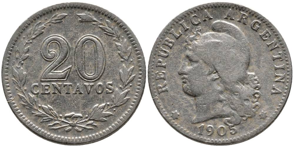 Аргентина 20 сентаво 1905 голова свободы влево KM 36 медно-никель 4525-827