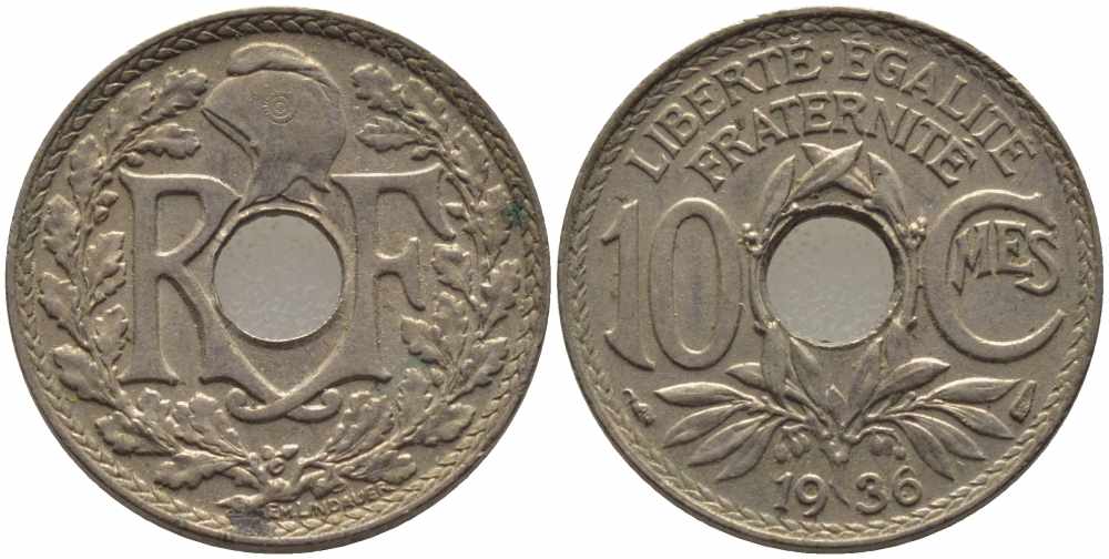 ФРАНЦИЯ 10 САНТИМОВ 1936 ТИП ЛИНДАЙЁ KM 866а, LE FRANC 138.23 медно-никель 108-231