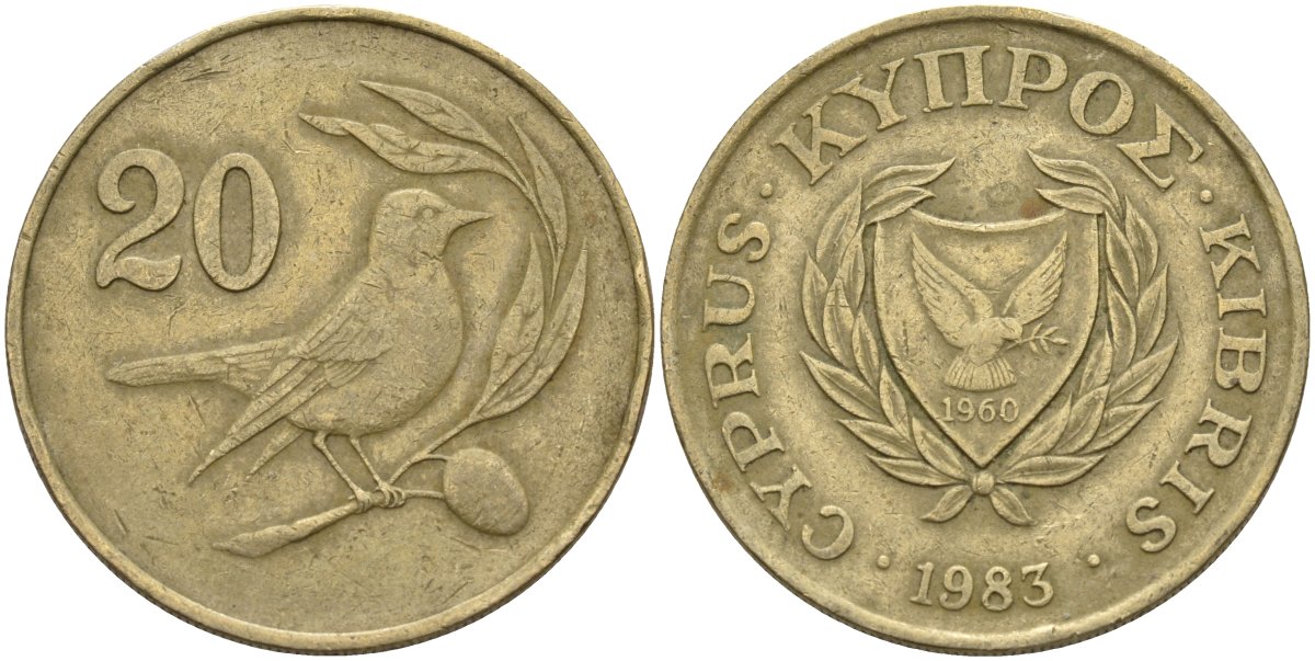 Кипр 20 центов 1983 птичка KM 57.1 никель латунь 4140-724