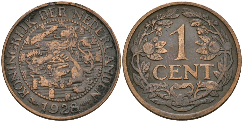Нидерланды 1 цент 1928 Вильгельмина (1890-1948) KM 152 бронза 4576-1115
