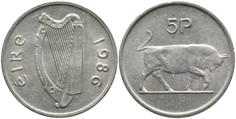 ИРЛАНДИЯ 5 ПЕНСОВ 1986 БЫК KM 22 медно-никель 4525-1134