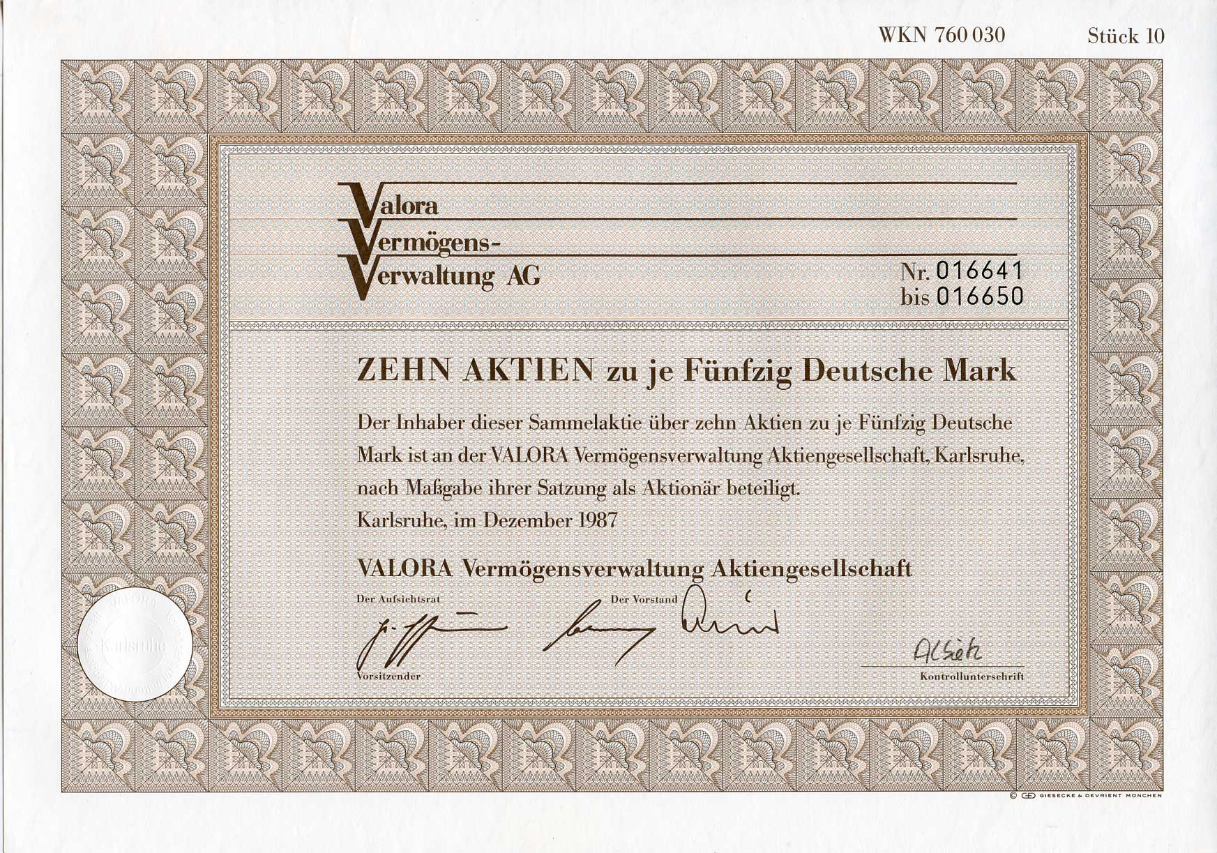 ФРГ 500 марок 1987 Акционерное общество по управлению активами Valora, десять акций   бумага  8803-112-1