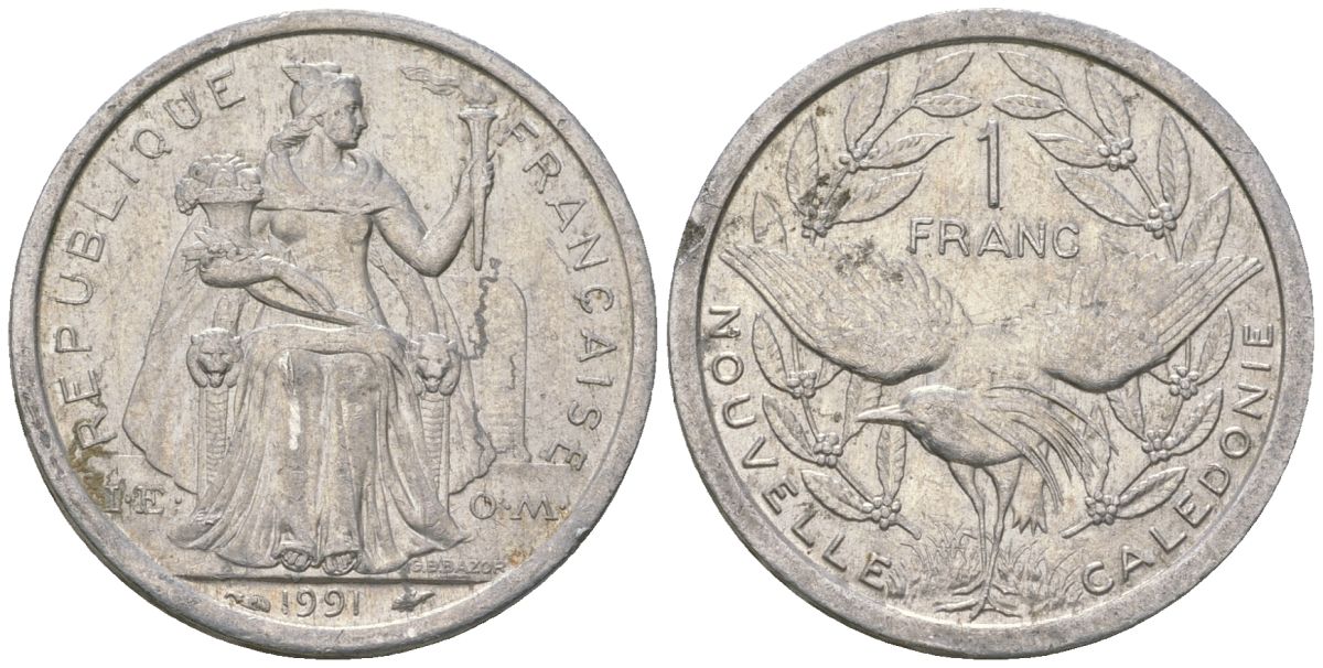 Французская Новая Каледония 1 франк 1991 птица кагу, (IEOM) KM 10, Schoen 10, Lec 51 алюминий 53-851