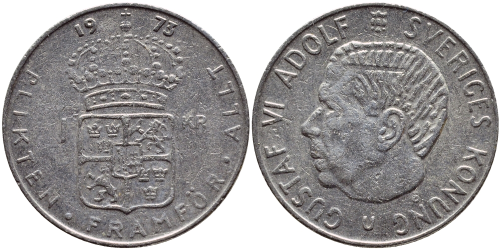 Швеция 1 крона 1973 Густав VI Адольф (1950-1973) KM 826а медь плакированная медно-никелем 4395-315