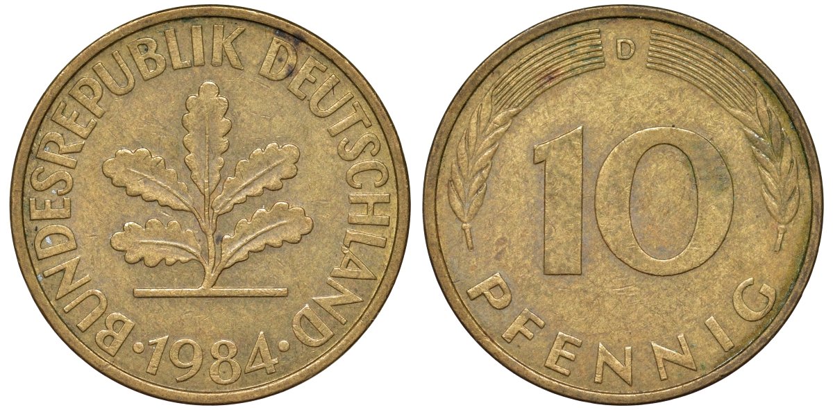ФРГ 10 пфеннигов 1984 D KM 108, J. 383 сталь плакированная латунью 4132-555