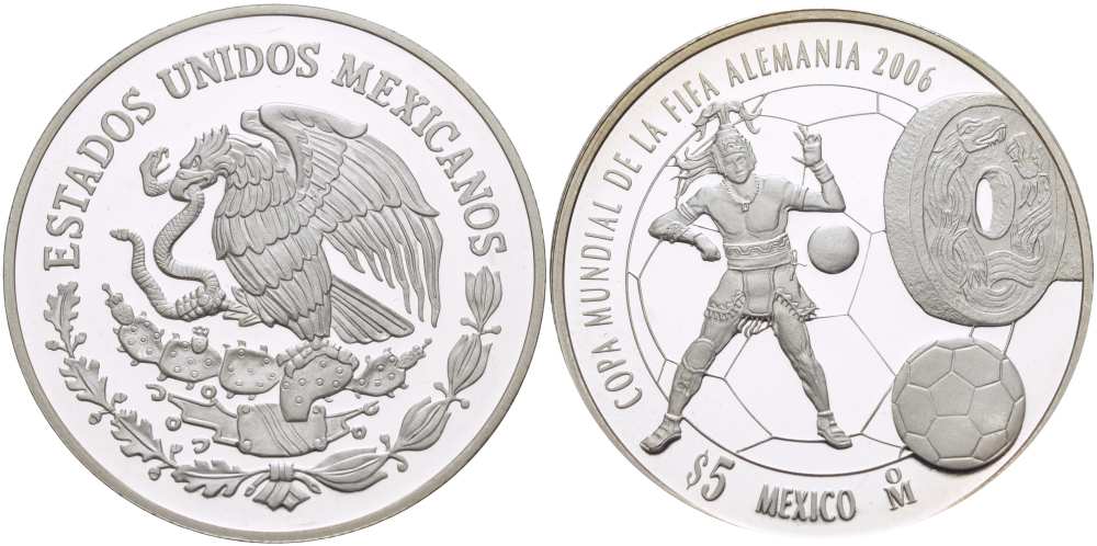 Мексика 5 песо 2006 чемпионат мира по футболу в Германии 2006 года KM 770 серебро PROOF 01-107-21