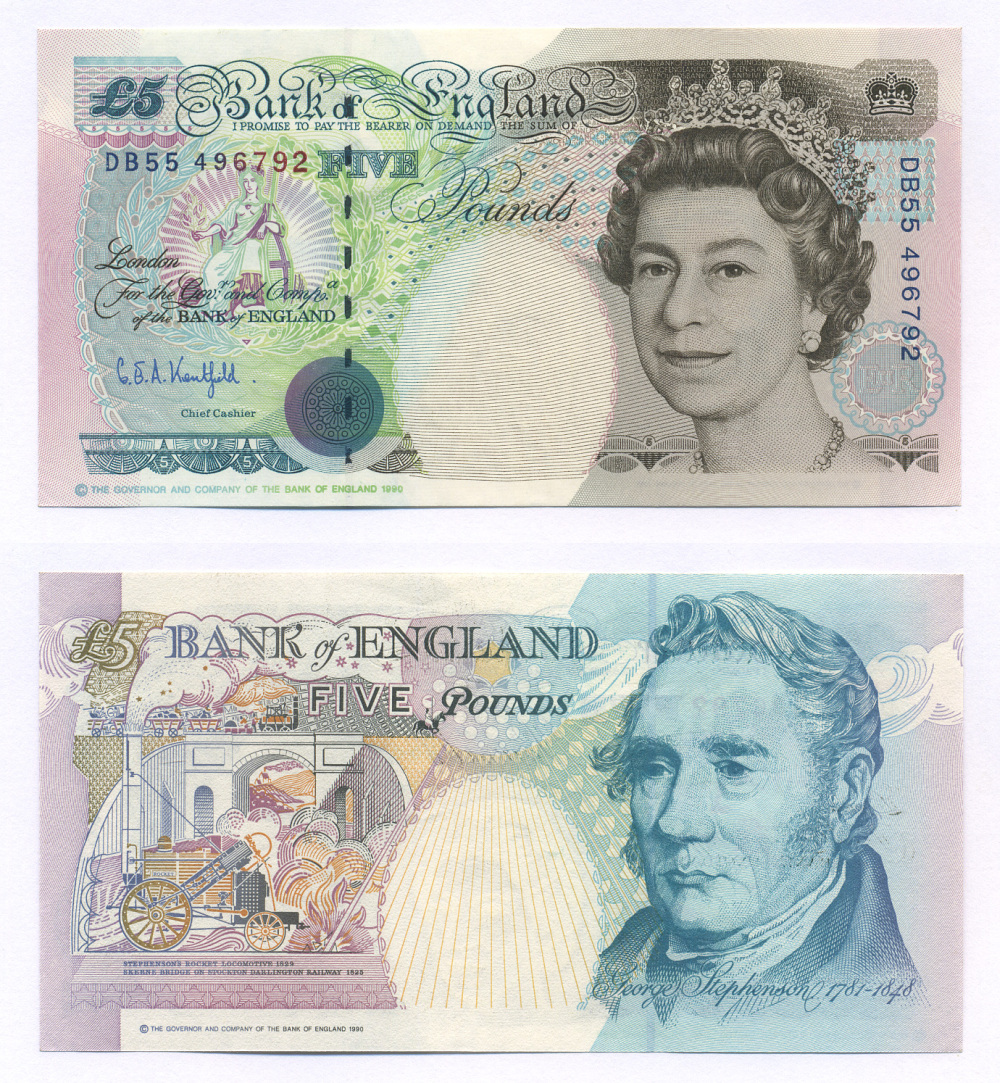АНГЛИЯ 5 ФУНТОВ 1990 Pick 382b бумага aUNC 7205-15-3