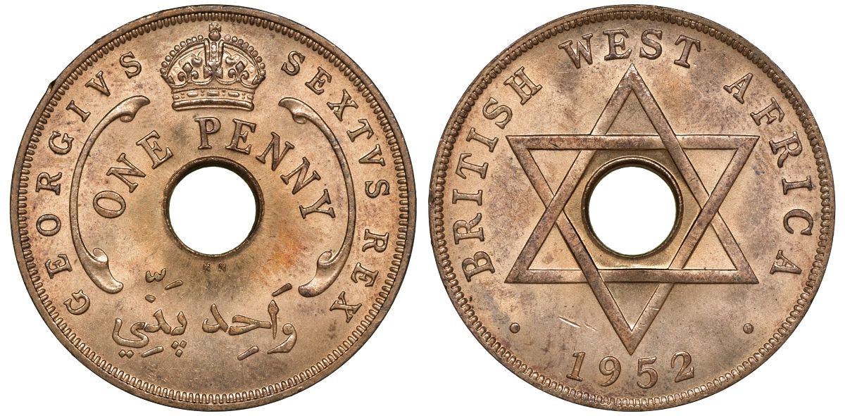 Британская Западная Африка 1 пенни 1952 KN, Георг VI, монетный двор Кингс Нортон KM 30a бронза UNC 1528-923