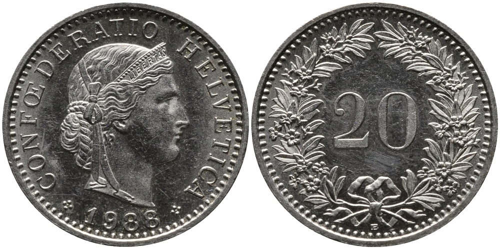 ШВЕЙЦАРИЯ 20 РАППЕНОВ 1988 В KM 29a медно-никель 33-313
