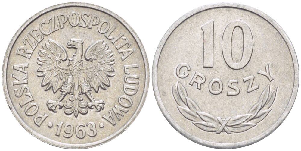 ПОЛЬША 10 ГРОШЕЙ 1963 MW KM AA47, Parchimowicz 206c алюминий XF 4181-216