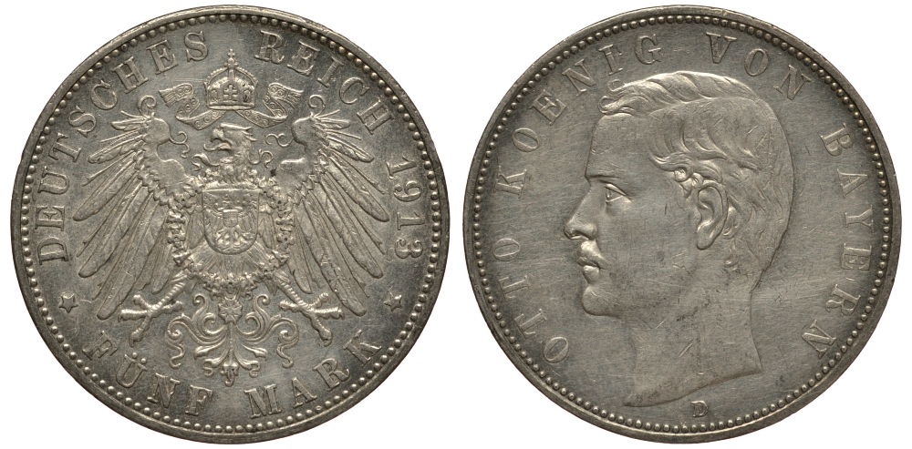 Бавария 5 марок 1913 Отто (1886-1913) Weege 47, J. 46, KM 512 серебро 3711-1545