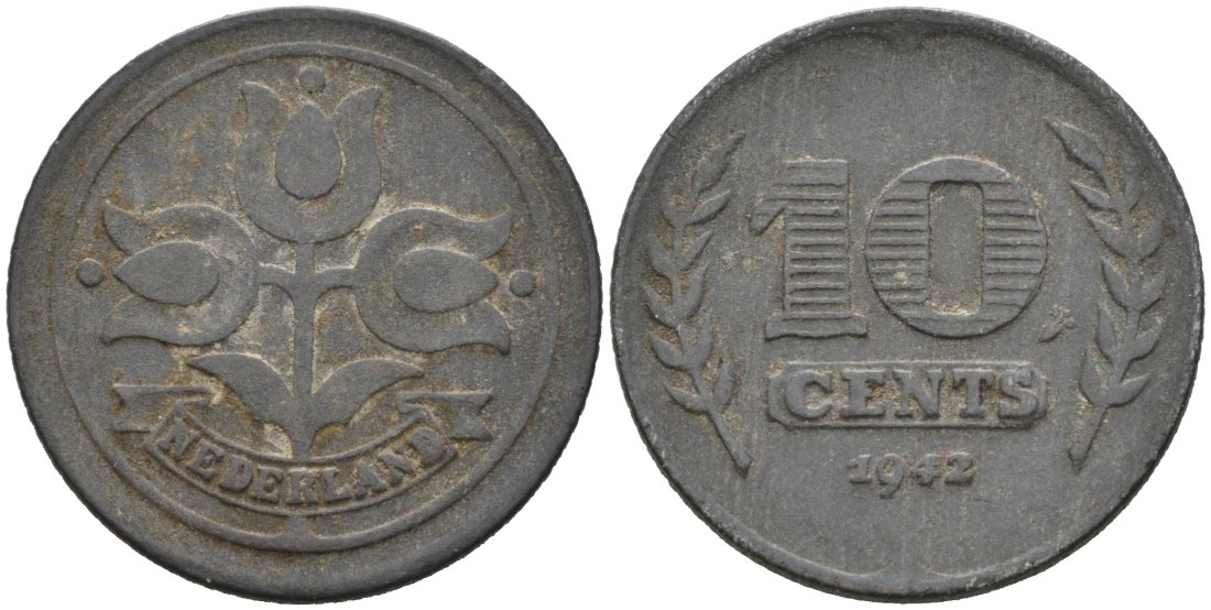 Нидерланды 10 центов 1942 Вильгельмина (1890-1948) KM 173 цинк 92-325